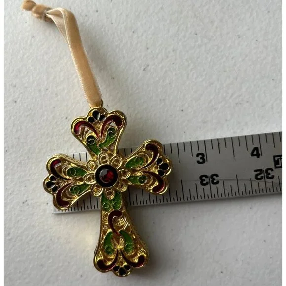 Pier 1 Imports Cloisonné Gold Tone Decorative Cross Ornament With Ribbon Hanger - Picture 8 of 8